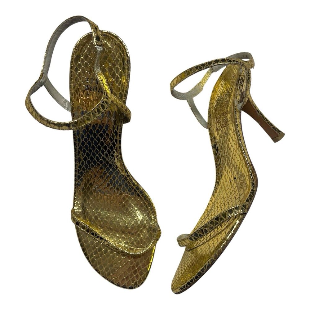 Stuart Weitzman Metallic Gold Snakeprint Strappy Heels Size 9